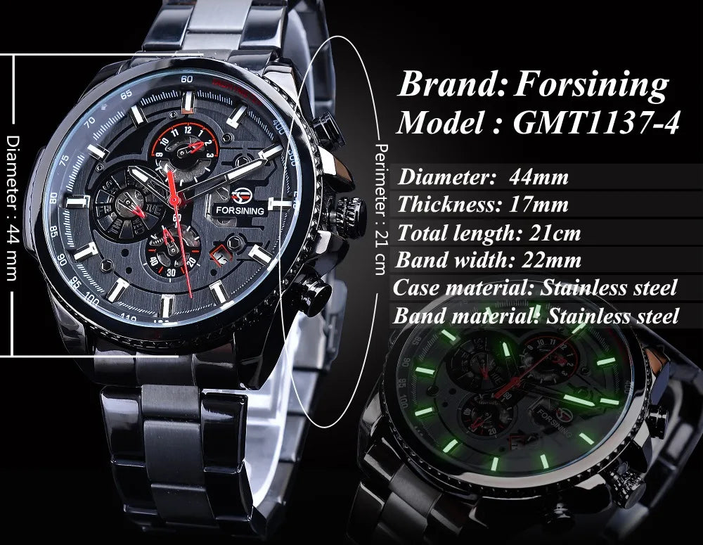 Forsining Three Dial Calendar Stainless Steel Men Mechanical Automatic Wrist Watches Top Brand Luxury Military Sport Male Clock