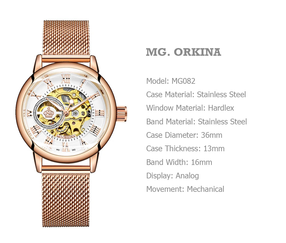 ORKINA Mechanical Women Bracelet Watch Skeleton Automatic Wristwatch Mesh Stainless Steel Band Female Clock Chic Reloj Mujer