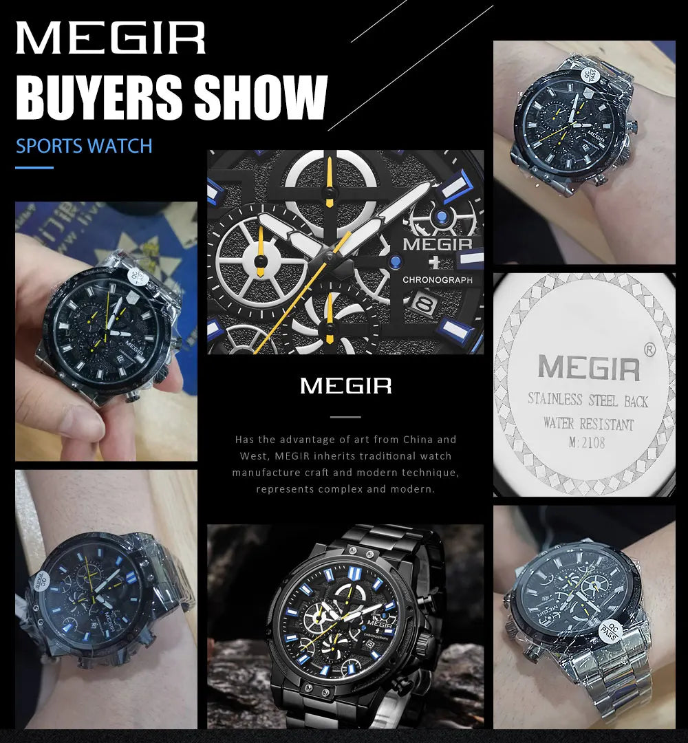 MEGIR 2019 Men's Business Quartz Watches Army Sports Chronograph Wristwatch Man Top Brand Luxury Relogios Masculinos 2108 Black