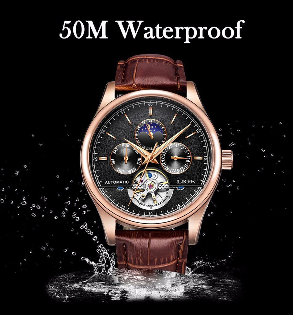 2024 LIGE Mens Watches Automatic Mechanical Watch Tourbillon Sport Clock Leather Casual Business Retro Wristwatch Relojes Hombre