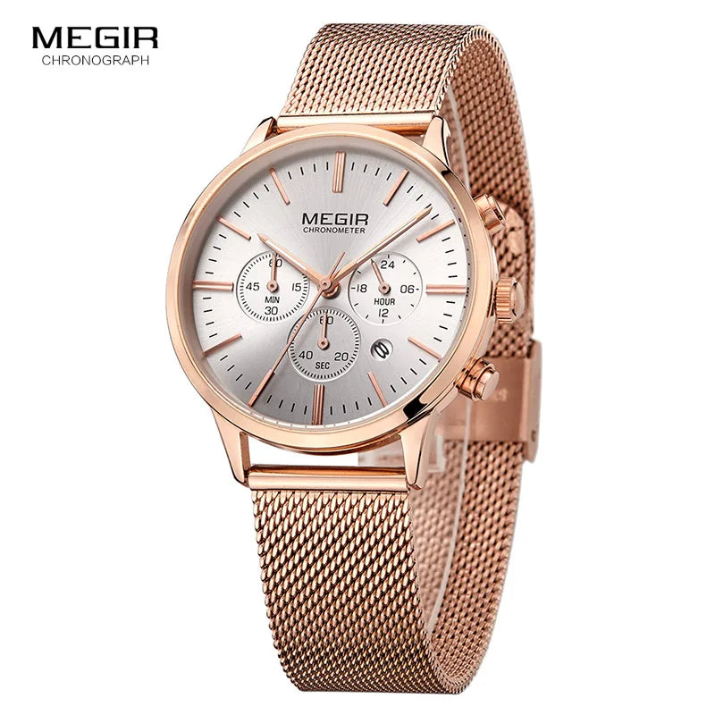 MEGIR Women Stainless Steel Mesh Bracelete Quartz Watches Chronograph 24 Hours Date Display Analogue Wristwatch for Lady 2011L