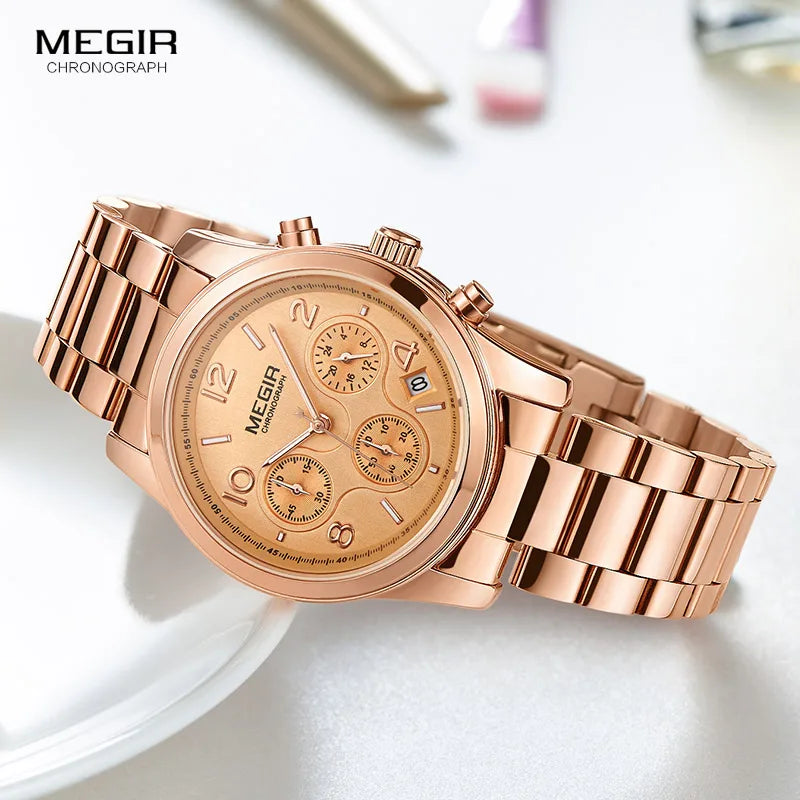 Megir Ladies Watch Chronograph Quartz Watches Women Top Brand Luxury Rose Gold Wristwatch Relogio Feminino часы женские 2057