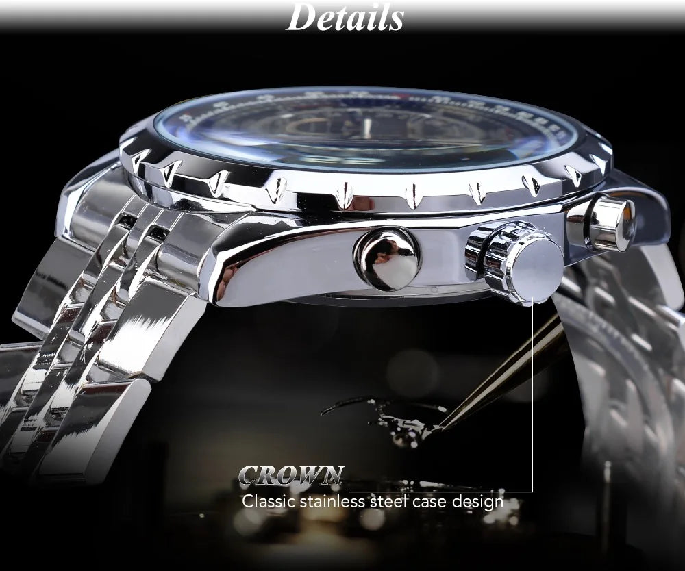 Jaragar Blue Glass Design Black Silver Automatic Watch Stainless Steel Date Clock Luminous Men Business Mechanical Wristwatch