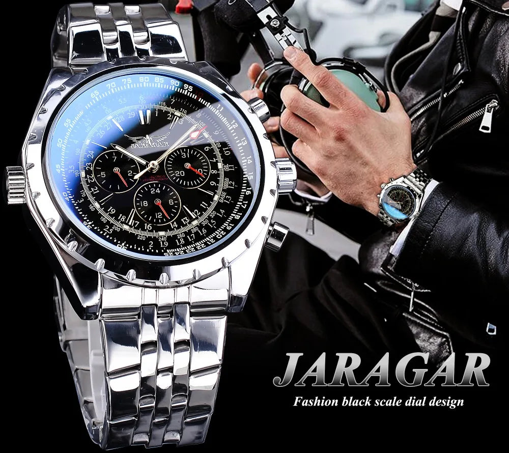 Jaragar Blue Glass Design Black Silver Automatic Watch Stainless Steel Date Clock Luminous Men Business Mechanical Wristwatch