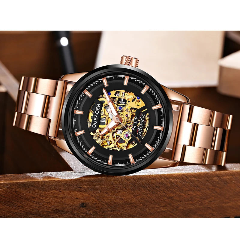 OUBAOER Mens Sports Watches Top Brand Luxury Automatic Mechanical Rose Gold Stainless Steel Watch Men Reloj Mecanico De Hombres