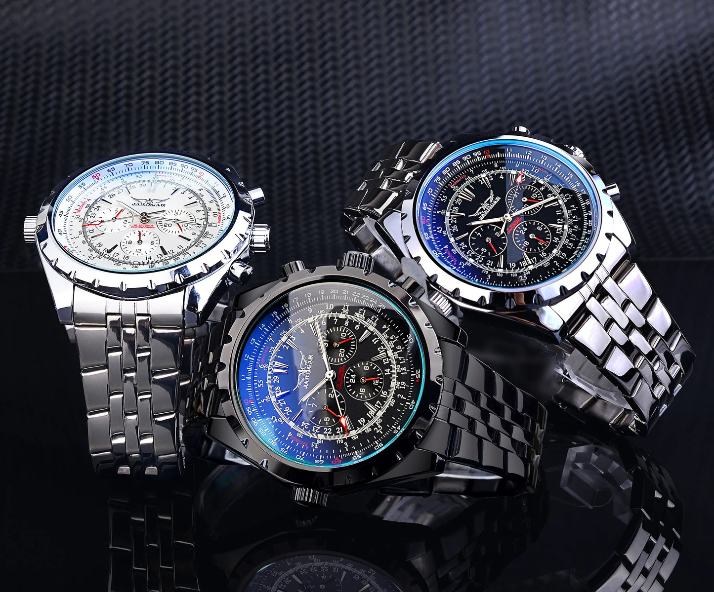 Jaragar Blue Glass Design Black Silver Automatic Watch Stainless Steel Date Clock Luminous Men Business Mechanical Wristwatch