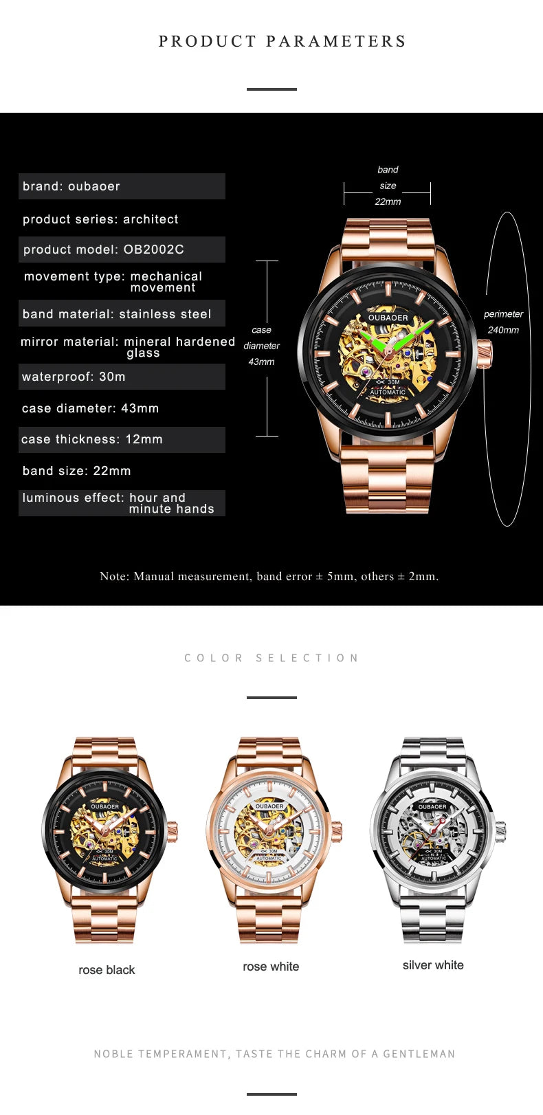 OUBAOER Mens Sports Watches Top Brand Luxury Automatic Mechanical Rose Gold Stainless Steel Watch Men Reloj Mecanico De Hombres