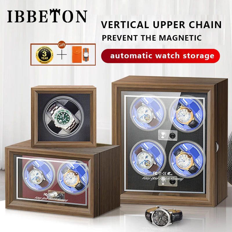 IBBETON Luxury Wood Watch Winder High-End  2 4 6 Slots Automatic Watches Box With Mabuchi Mute Motor Watch Cabinet Clock Storage