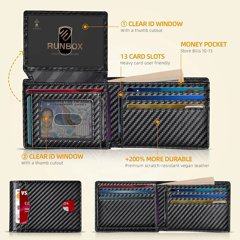 Men's Wallet Ultra Thin Rfid Leather with ID Window Multi Card Carbon Fiber Wallet