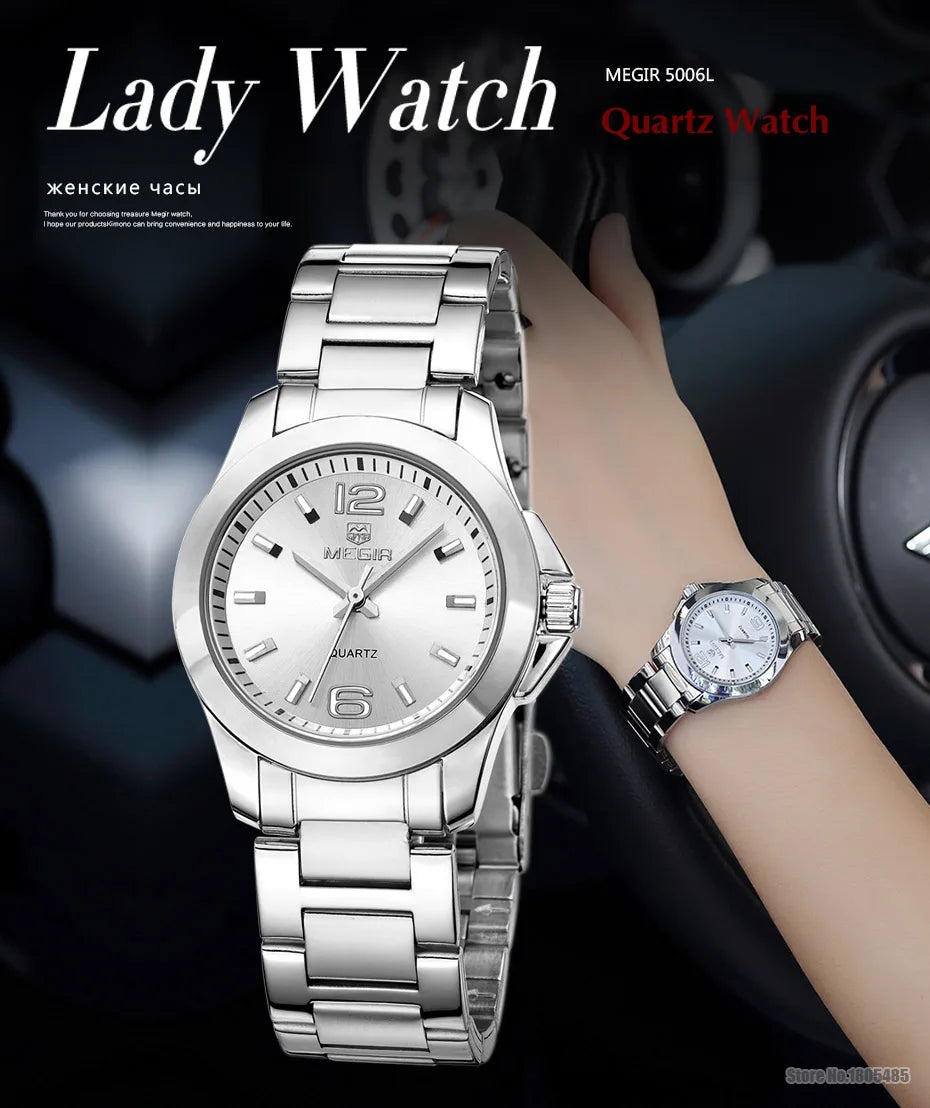 MEGIR Women's Simple Round Dial Quartz Watches Stainless Steel Waterproof Wristwatch for woman MS5006L