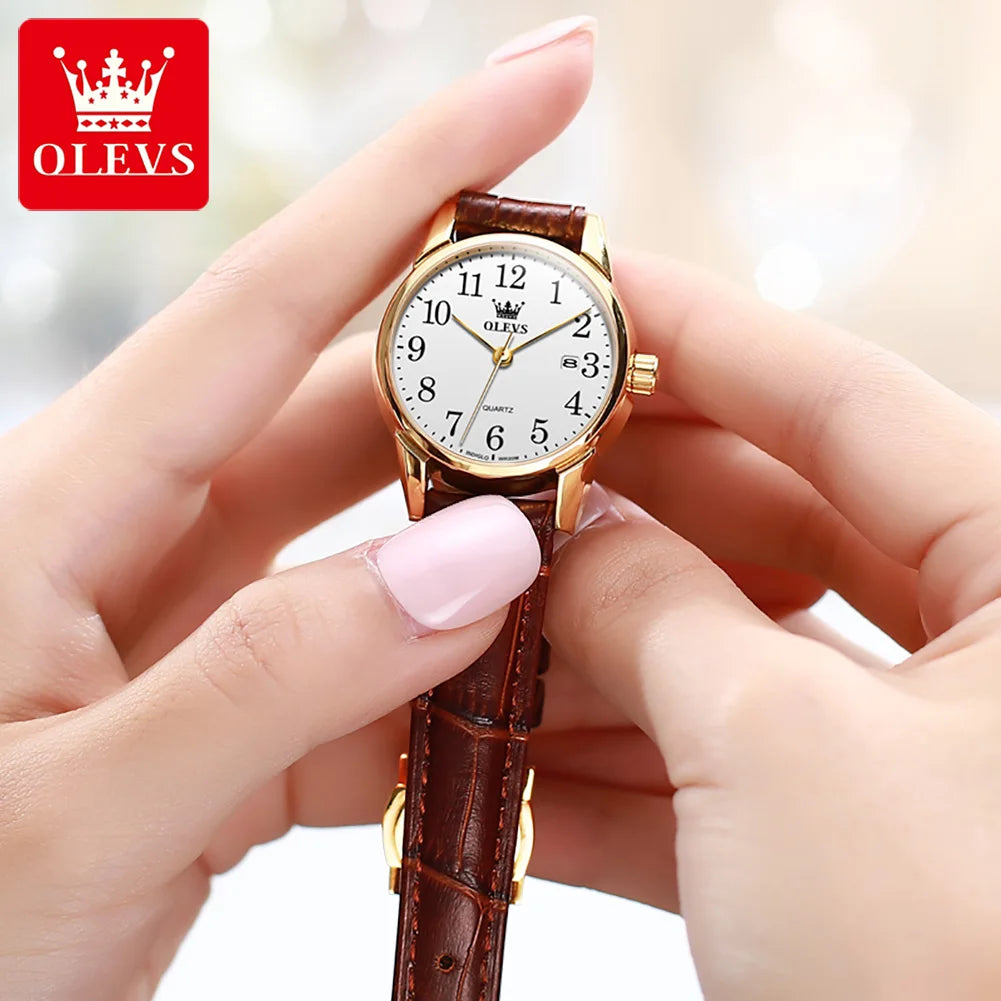 OLEVS Classic Quartz Watch for Women Brown Leather Strap Watch With Date Feature Digital Dial Waterproof Ladies Dress Wristwatch