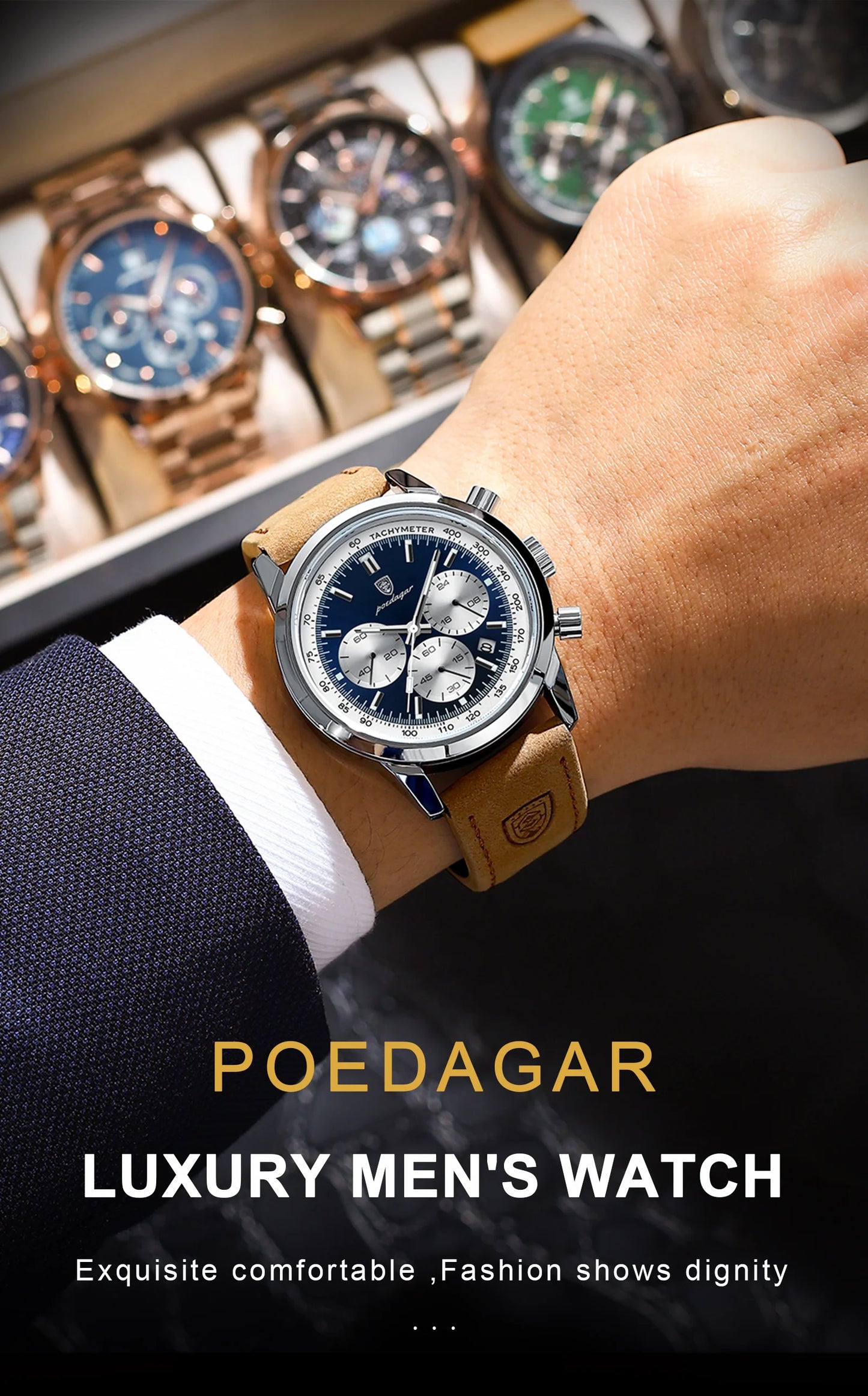 POEDAGAR Luxury Man Watch High Quality Waterproof Chronograph Luminous Men's Wristwatch Leather Men Quartz Watches Casual Clock