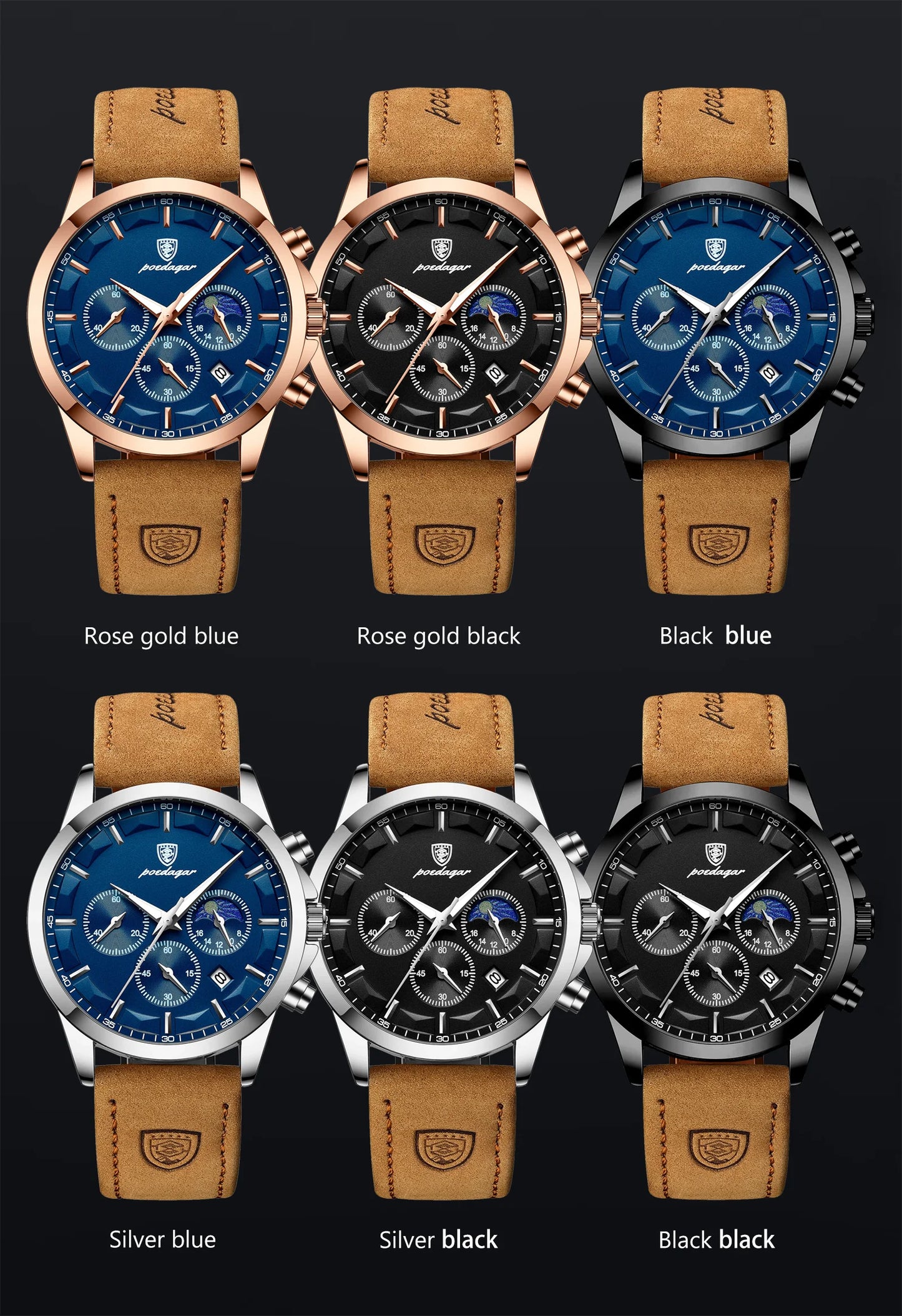 POEDAGAR Luxury Man Wristwatch Sports Leather Men Quartz Watch Waterproof Luminous Calendar Chronograph Men's Watches Male Clock