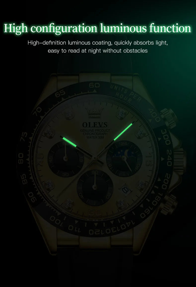 OLEVS Men's Watches Luxury Multifunctional Original Quartz Wirst Watch for Man Waterproof Luminous Date Moon Phase Christmas