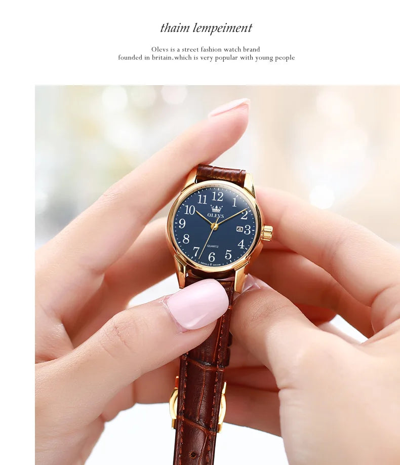 OLEVS Classic Quartz Watch for Women Brown Leather Strap Watch With Date Feature Digital Dial Waterproof Ladies Dress Wristwatch