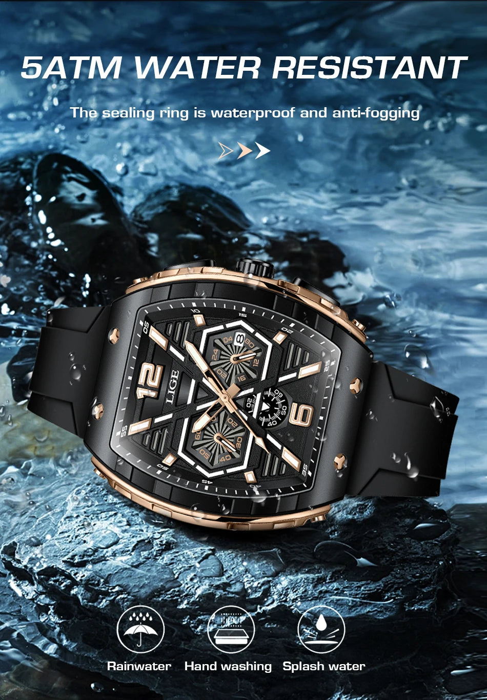 LIGE Luxury Waterproof Quartz Wristwatch Raise Wrist Luminous Men Watch Date Sports Silicone Clock Man Watches Relogio Masculino