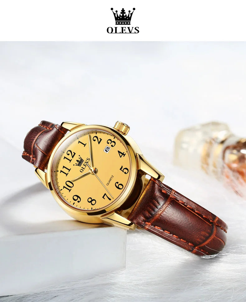 OLEVS Classic Quartz Watch for Women Brown Leather Strap Watch With Date Feature Digital Dial Waterproof Ladies Dress Wristwatch