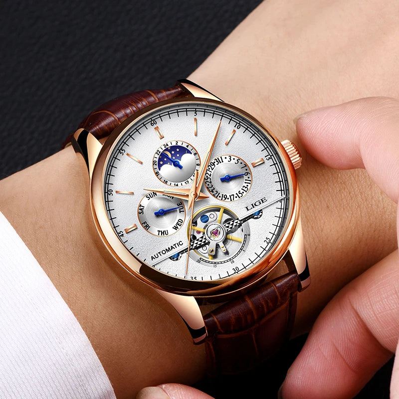 2024 LIGE Mens Watches Automatic Mechanical Watch Tourbillon Sport Clock Leather Casual Business Retro Wristwatch Relojes Hombre