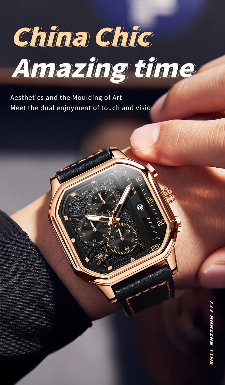 OLEVS New Quartz Watch for Men Chronograph Clock Waterproof Luminous Leather Strap Men's Wristwatch 42mm Dial Man Dress Watches