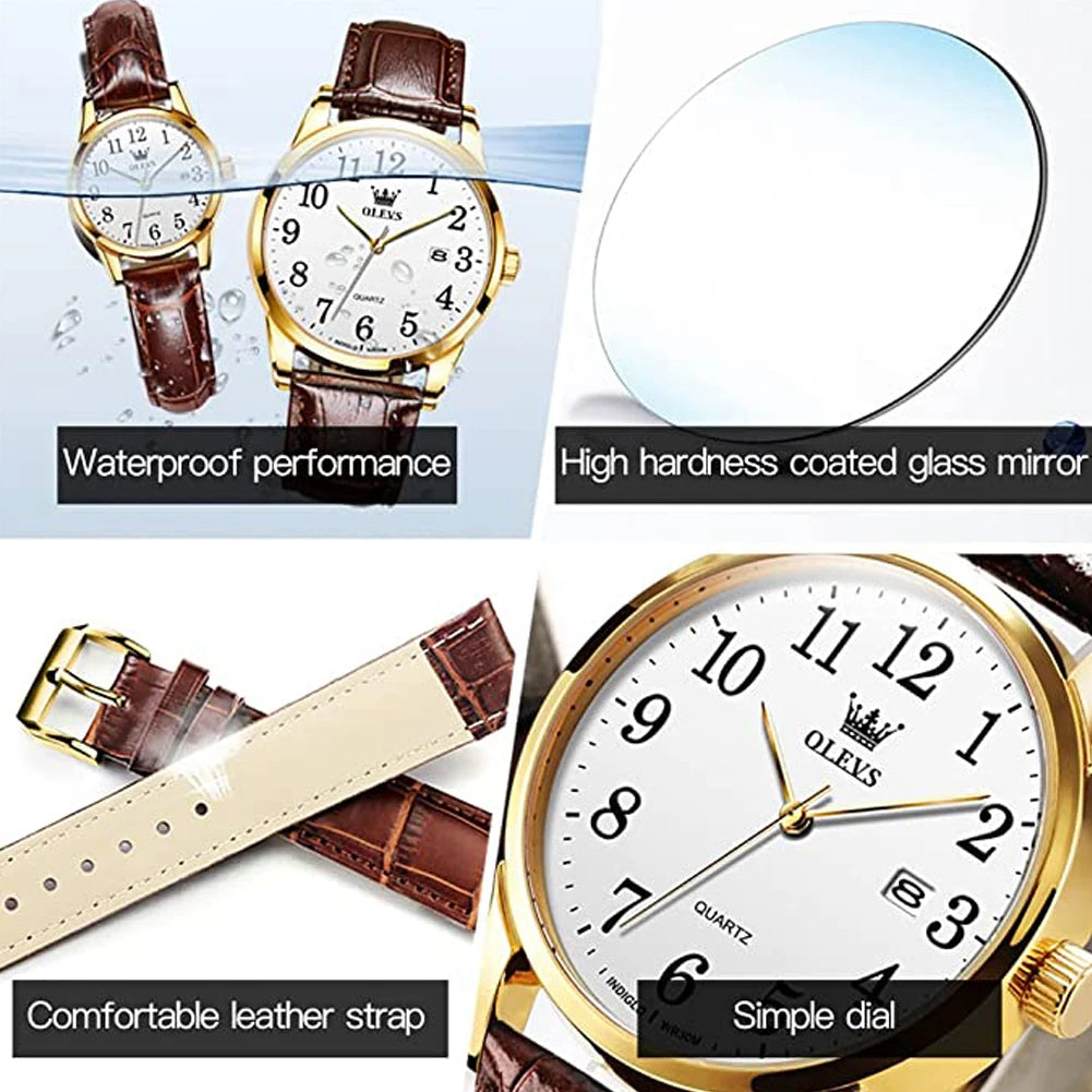 OLEVS Classic Quartz Watch for Women Brown Leather Strap Watch With Date Feature Digital Dial Waterproof Ladies Dress Wristwatch