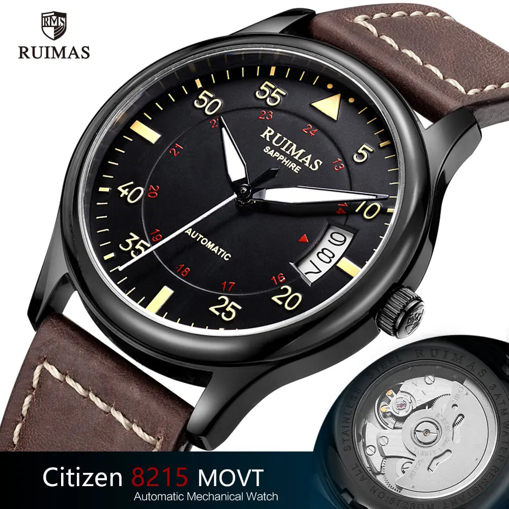 MEGIR & RUIMAS Army Sport Watches Men Leather Strap Waterproof Wristwatch Automatic Mechanical Watch Man Relogio Masculino Clock