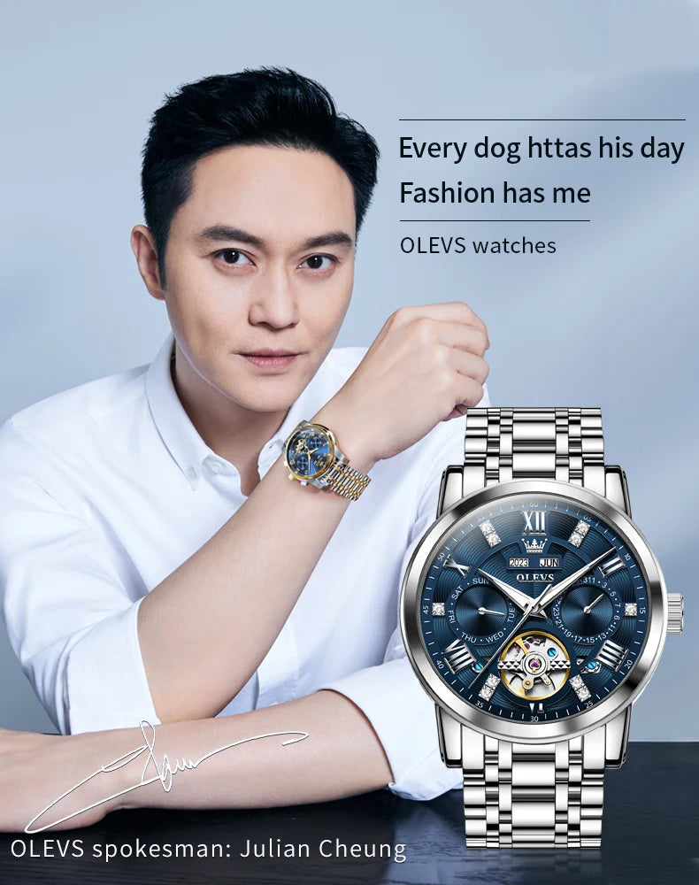 OLEVS 6701 Luxury Skeleton Flywheel Automatic Watch for Men Dual Calendar Wrist Clock Waterproof Luminous Stainless Steel Watch