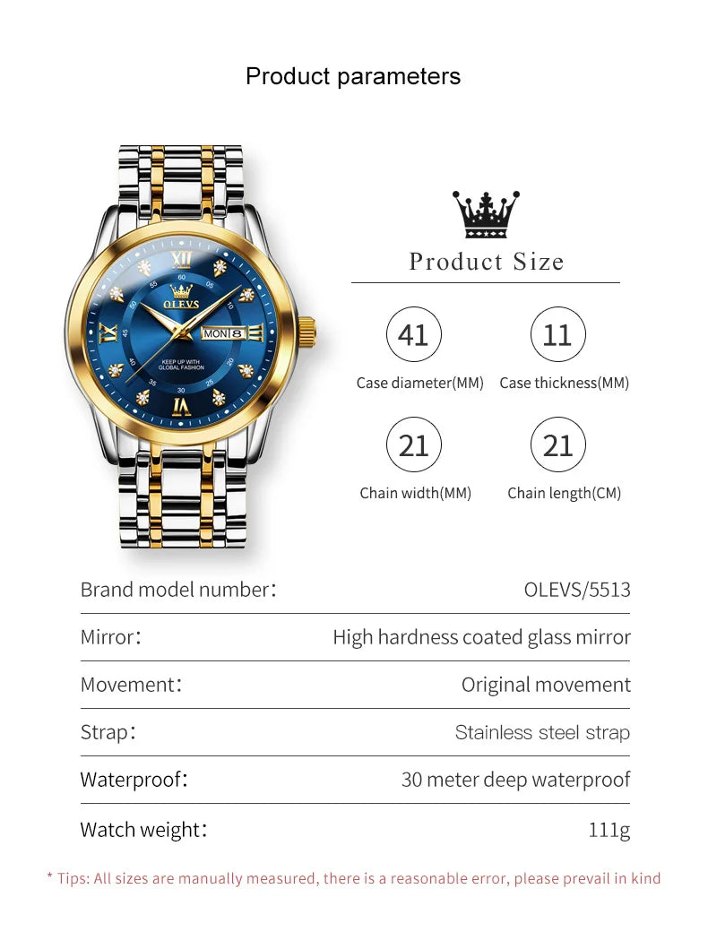 OLEVS Men's Watches Fashion Gold Original Quartz Watch for Man Stainless Steel Waterproof Luminous Wrist Watch Date Week Roman