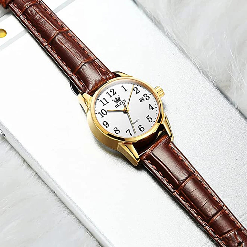 OLEVS Classic Quartz Watch for Women Brown Leather Strap Watch With Date Feature Digital Dial Waterproof Ladies Dress Wristwatch