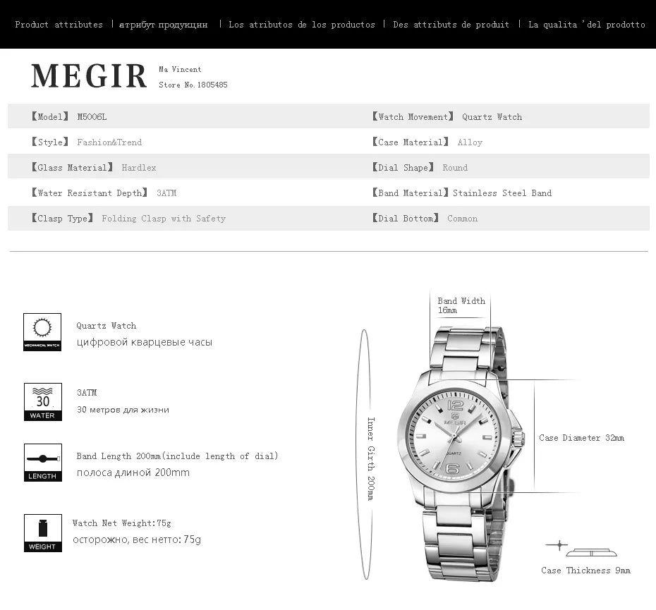 MEGIR Women's Simple Round Dial Quartz Watches Stainless Steel Waterproof Wristwatch for woman MS5006L