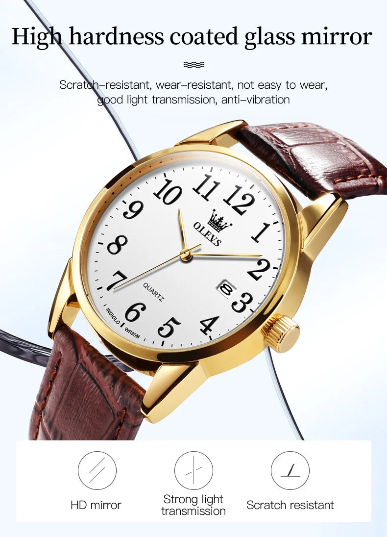 OLEVS Classic Quartz Watch for Women Brown Leather Strap Watch With Date Feature Digital Dial Waterproof Ladies Dress Wristwatch