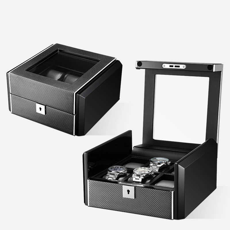 Solid Wood 6 Watches Box Storage Collection Box Black 6 Slots Wrist Watch Case PU Leather Pillow Carbon Fiber Texture