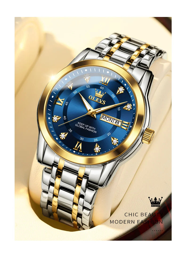 OLEVS Men's Watches Fashion Gold Original Quartz Watch for Man Stainless Steel Waterproof Luminous Wrist Watch Date Week Roman