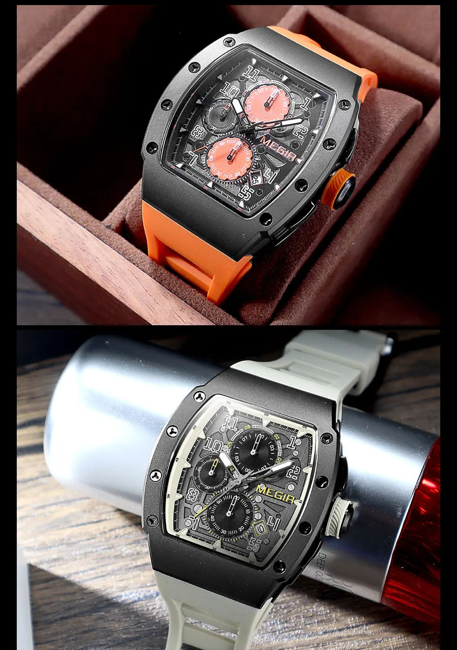 MEGIR 316 Stainless Steel Quartz Watch for Men Fashion Waterproof Luminous Chronograph Wristwatch with Auto Date Silicone Strap