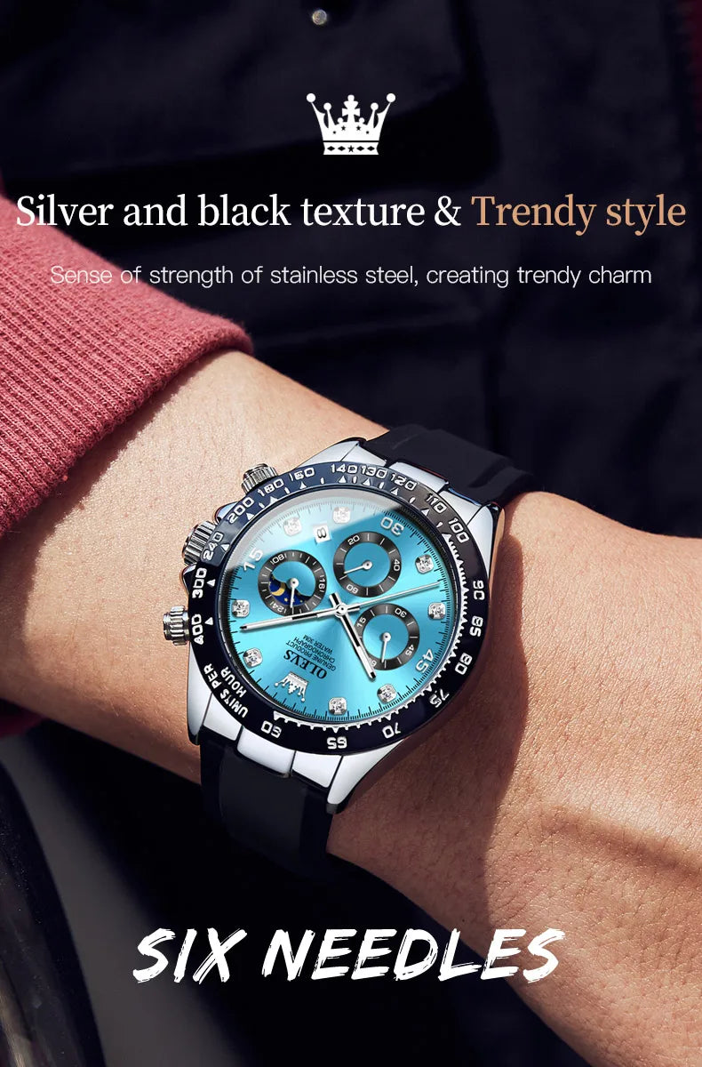 OLEVS Men's Watches Luxury Multifunctional Original Quartz Wirst Watch for Man Waterproof Luminous Date Moon Phase Christmas