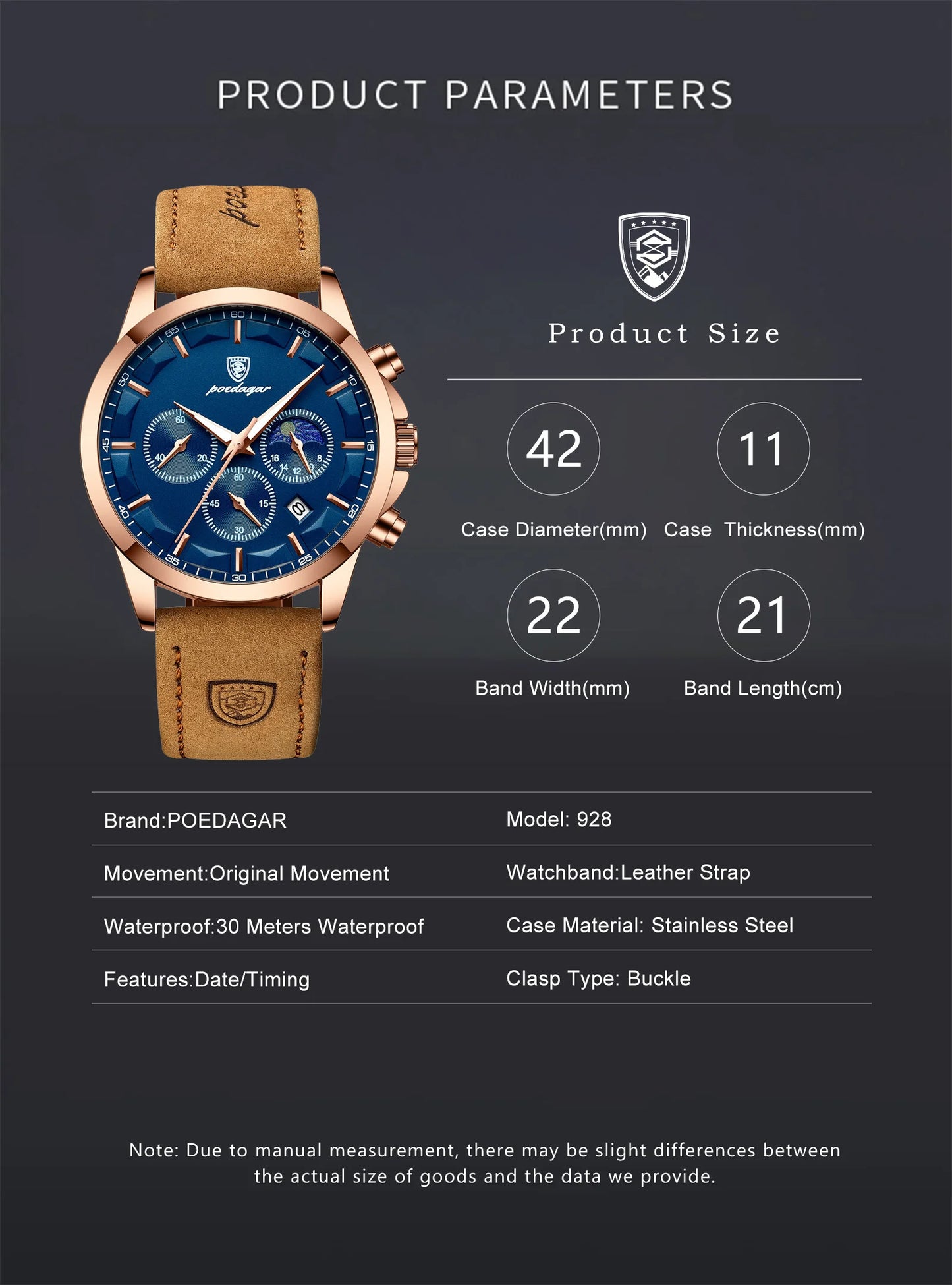 POEDAGAR Luxury Man Wristwatch Sports Leather Men Quartz Watch Waterproof Luminous Calendar Chronograph Men's Watches Male Clock