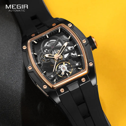 MEGIR 2242 Blue Automatic Watch for Men Sport Waterproof Stainless Steel Mechanical Wristwatch with Silicone Strap Skeleton Dial