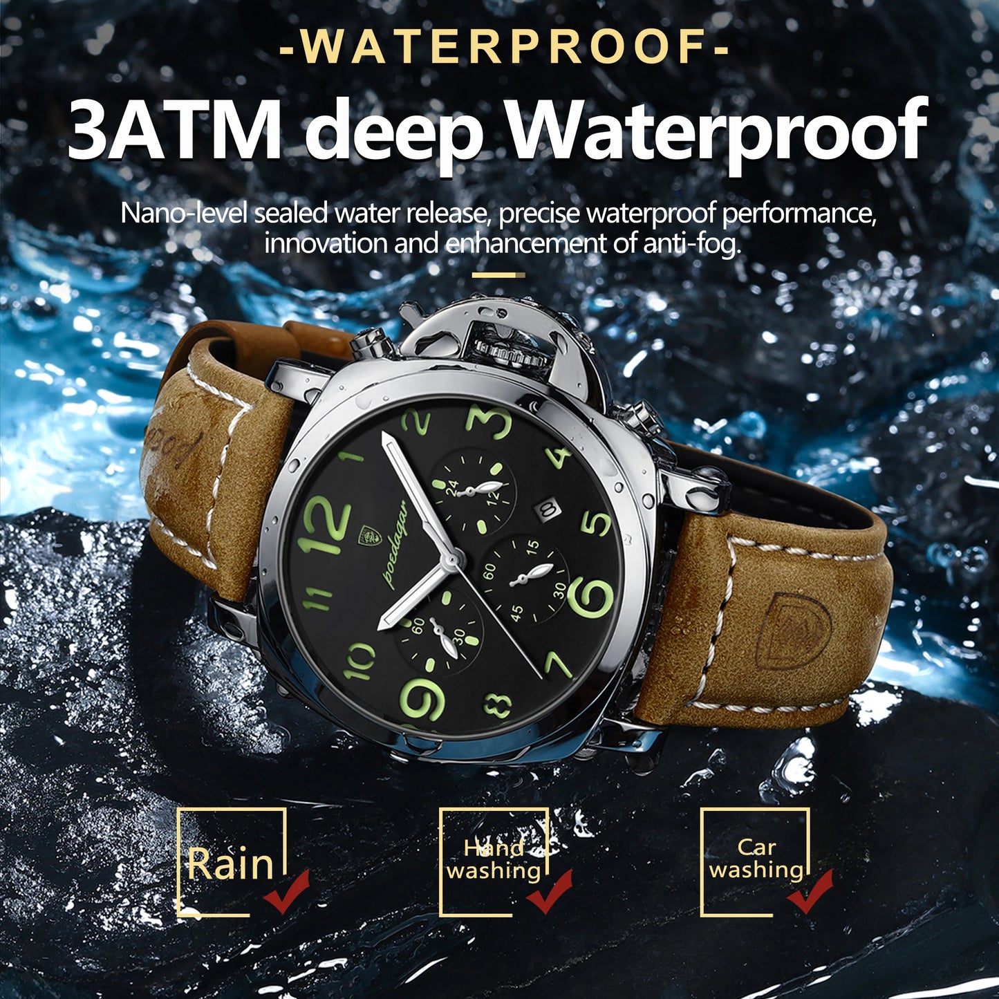 POEDAGAR Luxury Sports Watch for Man Waterproof Luminous Date Chronograph Men Watch Leather Quartz Men's Watches Clock Reloj+box