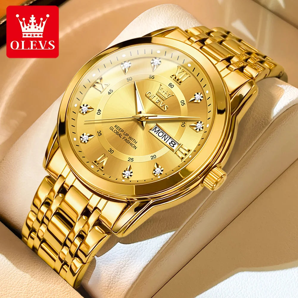 OLEVS Men's Watches Fashion Gold Original Quartz Watch for Man Stainless Steel Waterproof Luminous Wrist Watch Date Week Roman