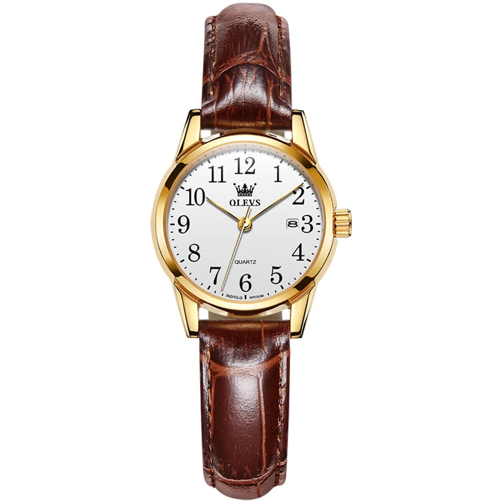 OLEVS Classic Quartz Watch for Women Brown Leather Strap Watch With Date Feature Digital Dial Waterproof Ladies Dress Wristwatch