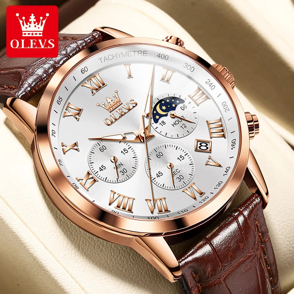 OLEVS Men's Watches Brown Leather Classic Analog Quartz Watch for Man 3ATM Waterproof Wrist Watch Multifunction Chronograph