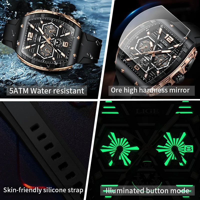 LIGE Luxury Waterproof Quartz Wristwatch Raise Wrist Luminous Men Watch Date Sports Silicone Clock Man Watches Relogio Masculino