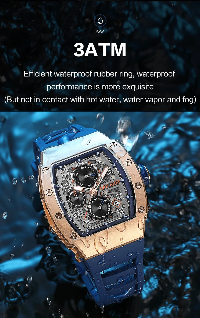 MEGIR 316 Stainless Steel Quartz Watch for Men Fashion Waterproof Luminous Chronograph Wristwatch with Auto Date Silicone Strap