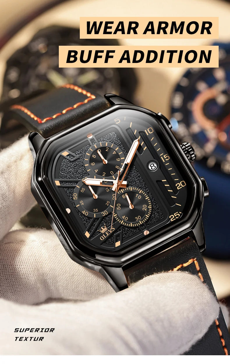 OLEVS New Quartz Watch for Men Chronograph Clock Waterproof Luminous Leather Strap Men's Wristwatch 42mm Dial Man Dress Watches