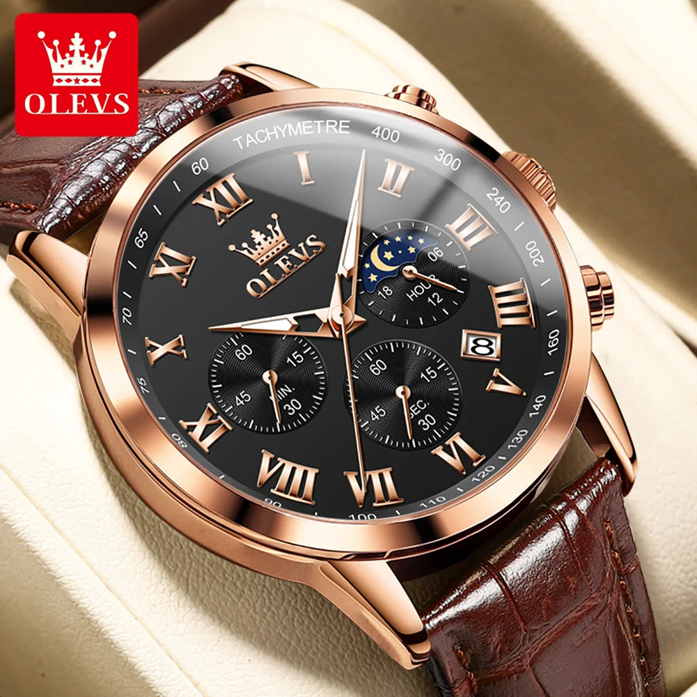 OLEVS Men's Watches Brown Leather Classic Analog Quartz Watch for Man 3ATM Waterproof Wrist Watch Multifunction Chronograph