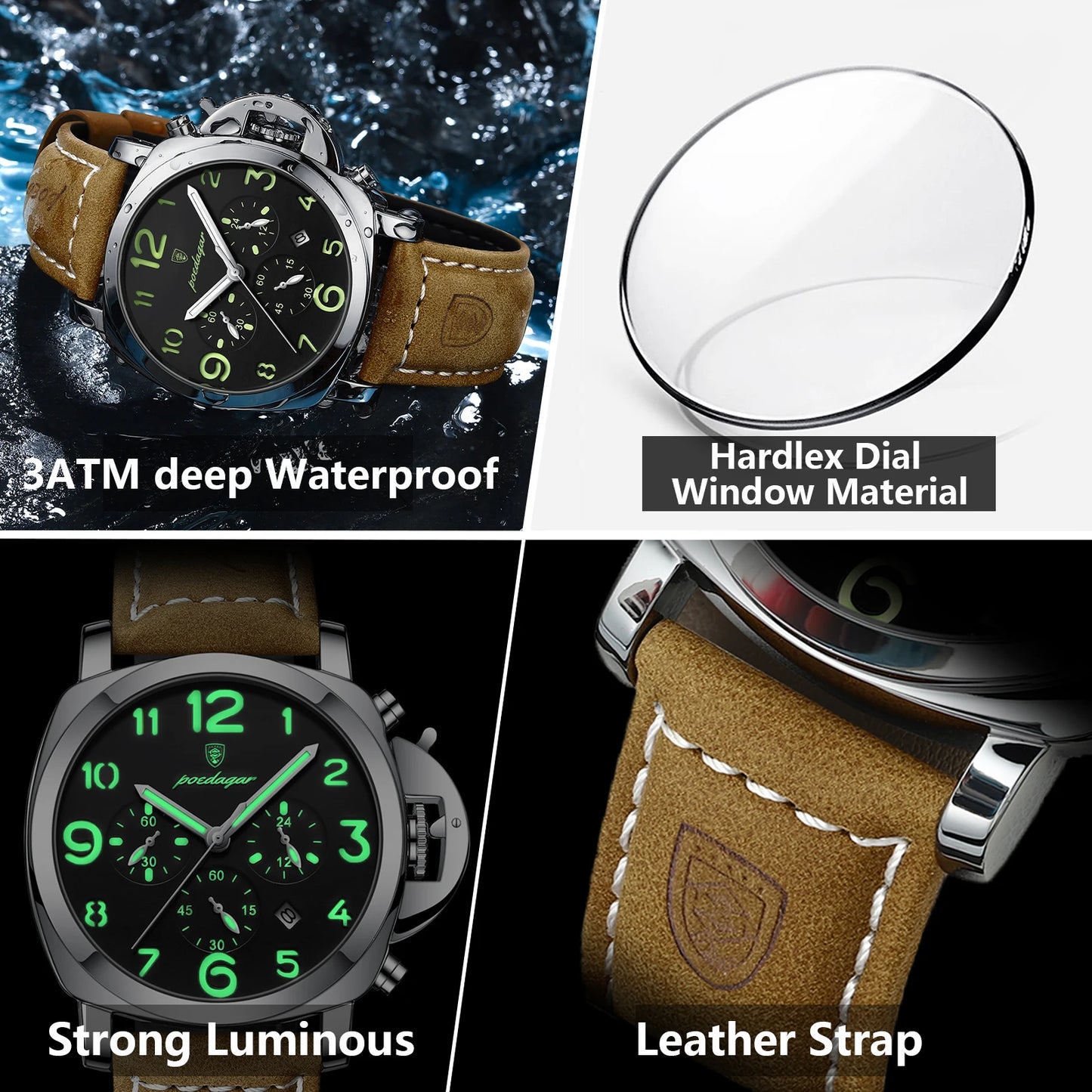 POEDAGAR Luxury Sports Watch for Man Waterproof Luminous Date Chronograph Men Watch Leather Quartz Men's Watches Clock Reloj+box