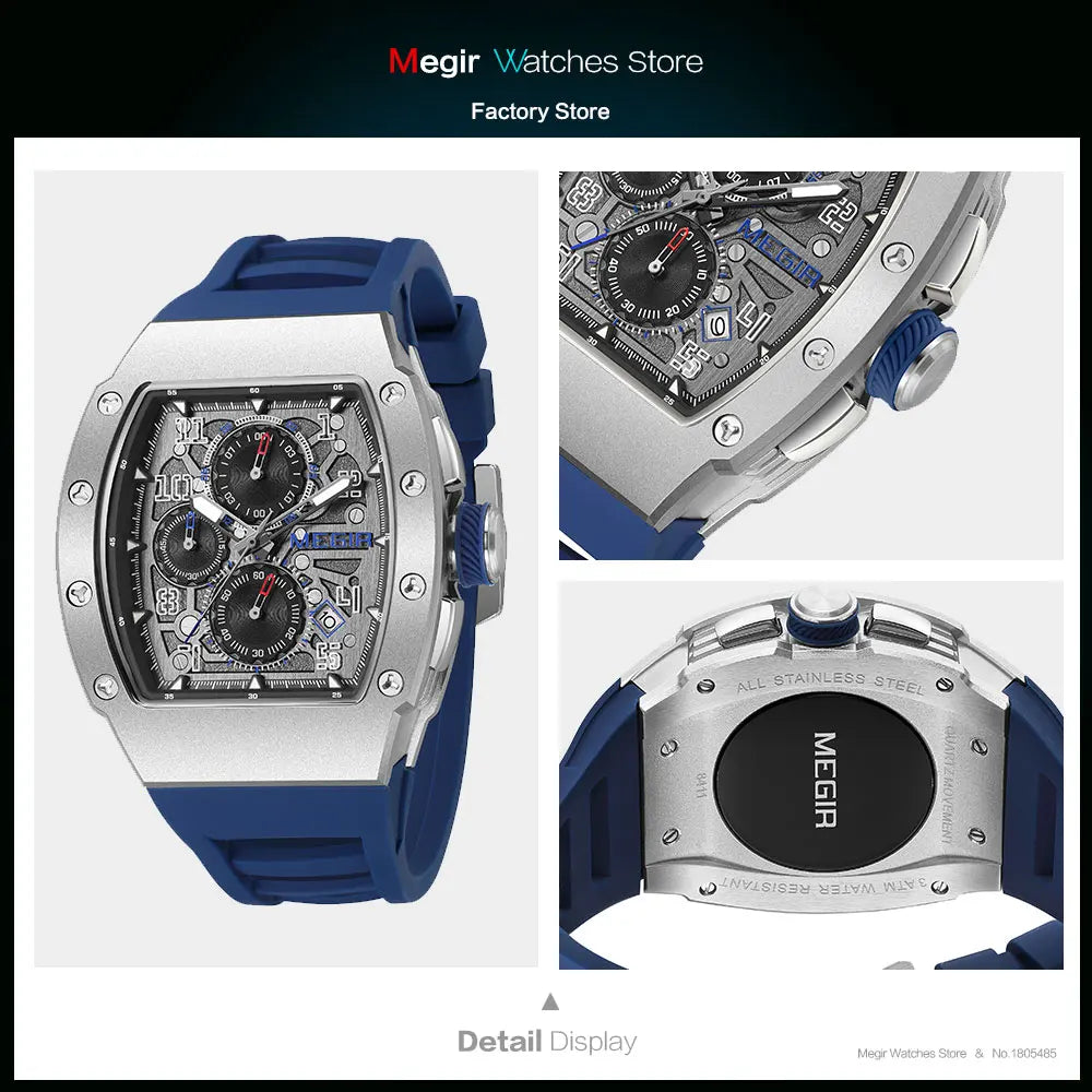 MEGIR 316 Stainless Steel Quartz Watch for Men Fashion Waterproof Luminous Chronograph Wristwatch with Auto Date Silicone Strap