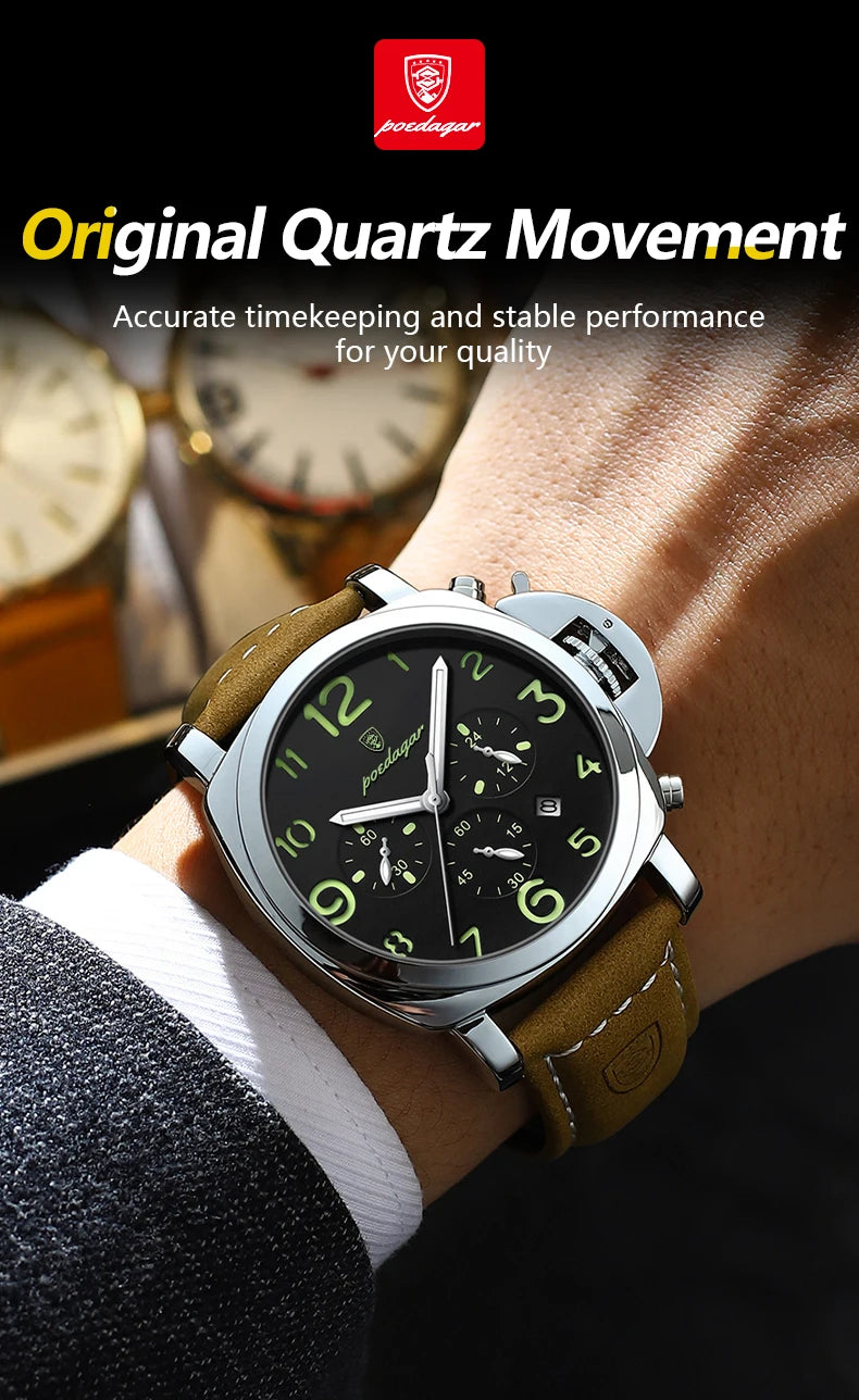 POEDAGAR Luxury Sports Watch for Man Waterproof Luminous Date Chronograph Men Watch Leather Quartz Men's Watches Clock Reloj+box