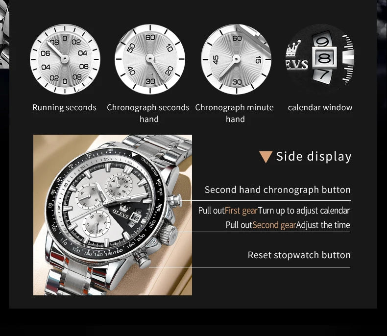 OLEVS Men's Watches Top Brand Classic Original Quartz Watch for Man Waterproof Stainless Steel Lunminous Chronograph Calendar