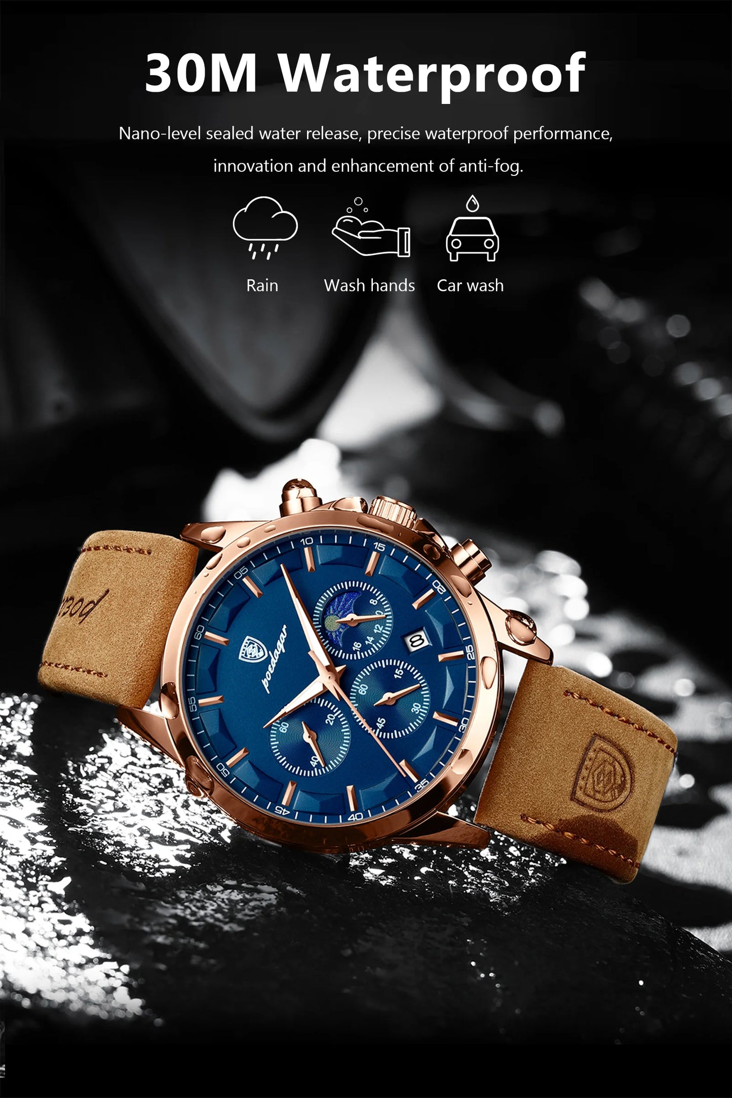 POEDAGAR Luxury Man Wristwatch Sports Leather Men Quartz Watch Waterproof Luminous Calendar Chronograph Men's Watches Male Clock