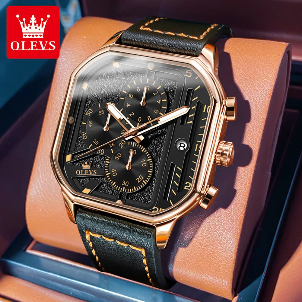 OLEVS New Quartz Watch for Men Chronograph Clock Waterproof Luminous Leather Strap Men's Wristwatch 42mm Dial Man Dress Watches